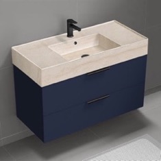 Floating Bathroom Vanity, Modern, Blue, 40 inch, Travertine Style Sink